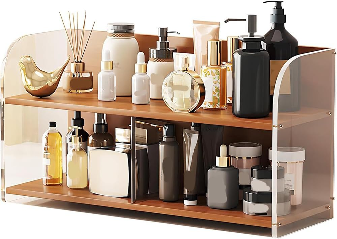 Shukitechi Bamboo Cosmetic Organizer, Large 2-Tier Vanity Storage Shelf for Makeup, Skincare and Bathroom Countertop Organisation, Multi-Purpose Desk and Vanity Organizer image number 3