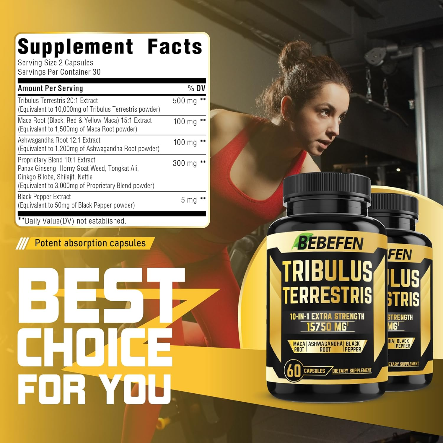 Tribulus Complex Powder Capsules - Equivalent to 15750Mg - 60 Capsules with Terrestris, Maca Root, Ashwagandha image number 6