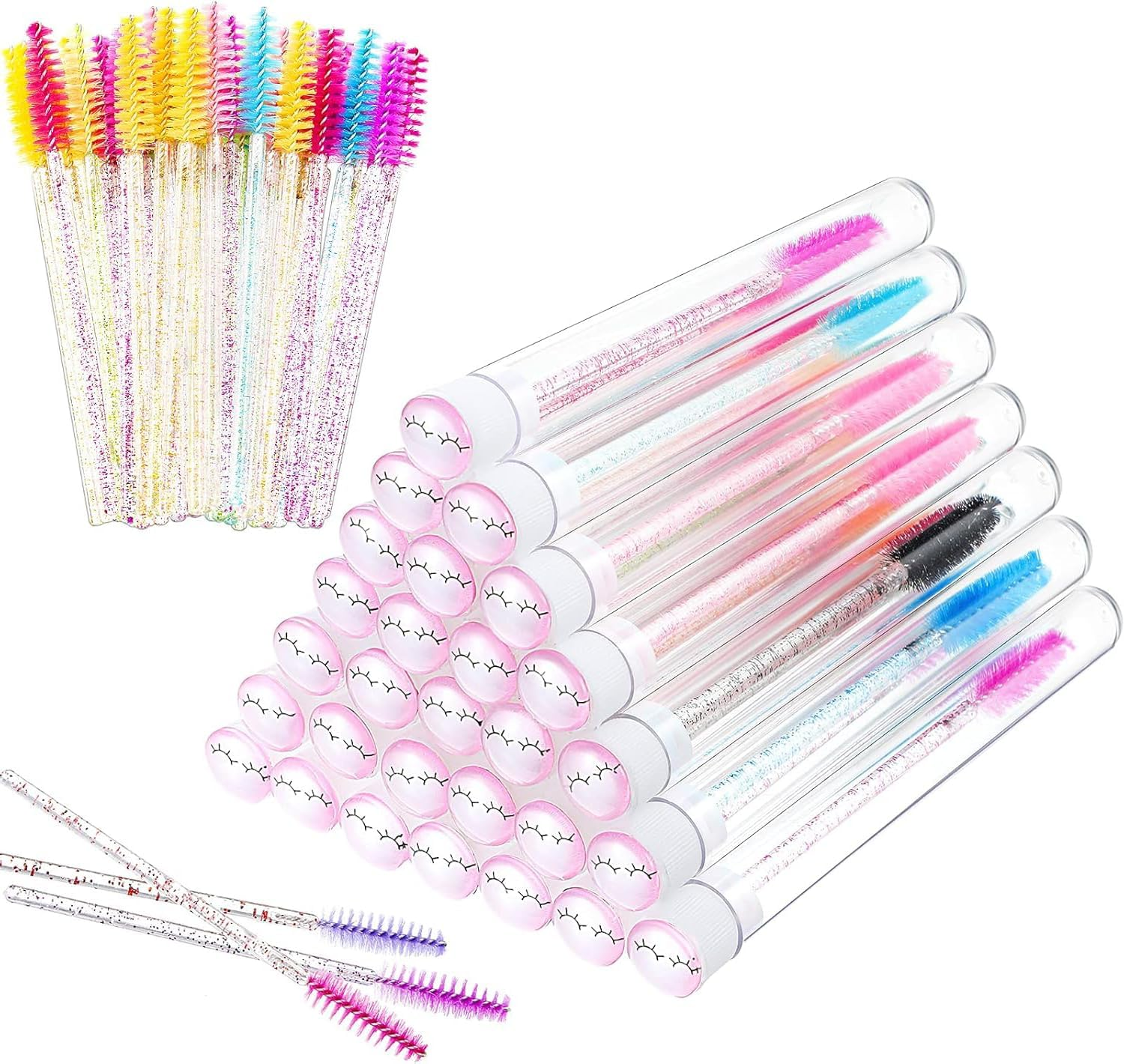 110-Piece Disposable Mascara Wand Set with 30 Reusable Diamond Eyelash Tubes and 80 Crystal Applicators, Designed for Women and Girls' Makeup, in a Stylish Pink Eye Pattern image number 3