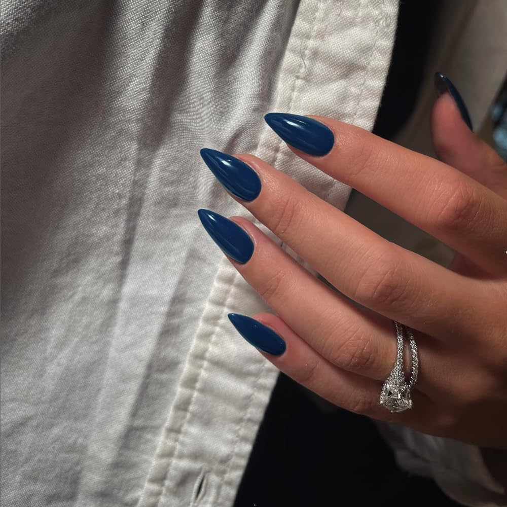 Kqueenest Navy Blue Press on Nails Medium Almond - Acrylic Nails for Gluing, Natural Plain Fake Nails Fingernails for Gluing, Shiny Gel Full Cover False Nails for Women, Pack of 24 - Lilac image number 6