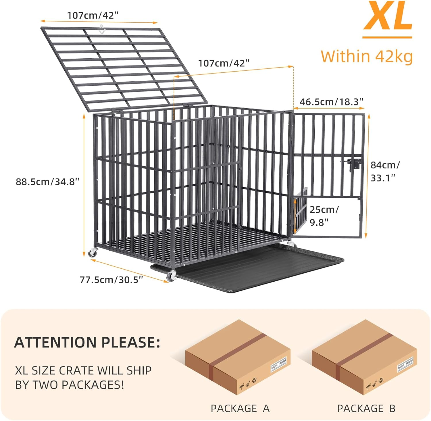 Bingopaw Heavy Duty Dog Crate: 42 Inch Extra Large Pet Cage on Wheels with Tear Resistant Square Tube - Metal Military Puppy Cages with 2 Prevent Escape Lock and Tray XL (107X78X86.5Cm) image number 4