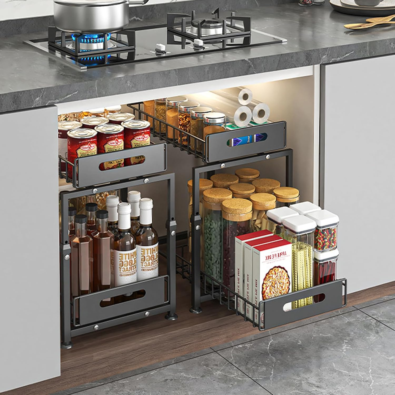 2-Tier under Sink Organizer and Storage, Pull Out Cabinet Organizer, Multi-Purpose under Sink Storage Rack, Height Adjustable Metal Sliding Shelf for Kitchen, Bathroom, Pantry (Black) image number 6