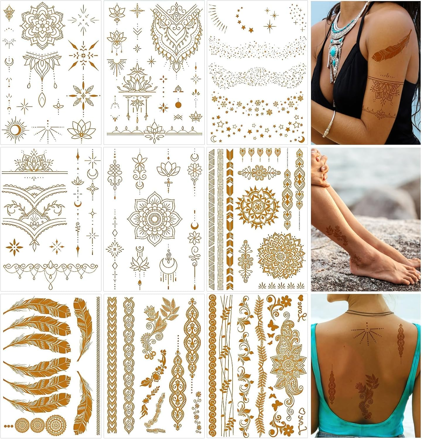 9 Sheets Gold Temporary Tattoos Flash for Women, Metallic Festival Tattoos, Body Art Sticker, Waterproof Armbands Tattoo, Moon Star Butterfly Glitter Tattoos Fake That Look Real and Last Long (04)