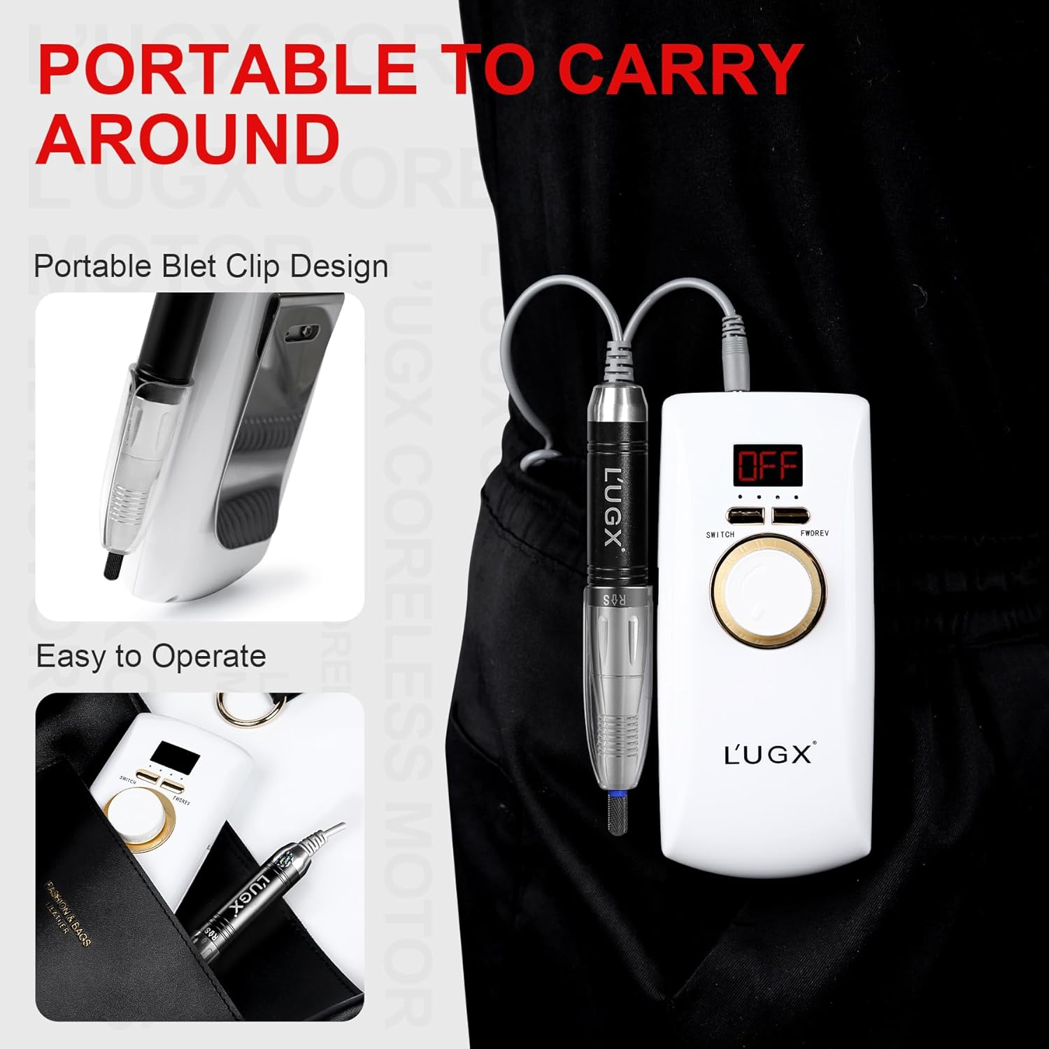 L'UGX Professional Nail Drill Machine Rechargeable with Coreless Motor, Portable Electric Nail File Wireless 30000 RPM Cordless Nail Drill for Acrylic Nails with 8 Nail Drill Bits for Manicure image number 5