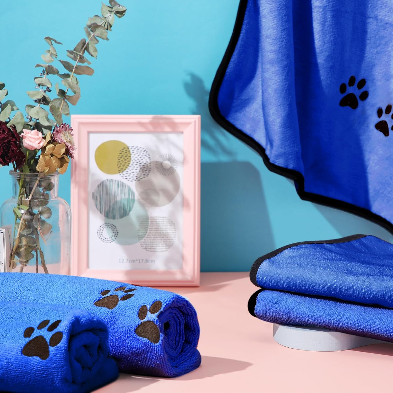 Chumia 8 Pcs Microfiber Dog Towels 20 X 35 Inch Soft Absorbent PET Bath Towel for Drying Dogs Grooming Towel Bulk with Embroidered Paw for Small, Medium, Large Dogs and Cats (Dark Blue)