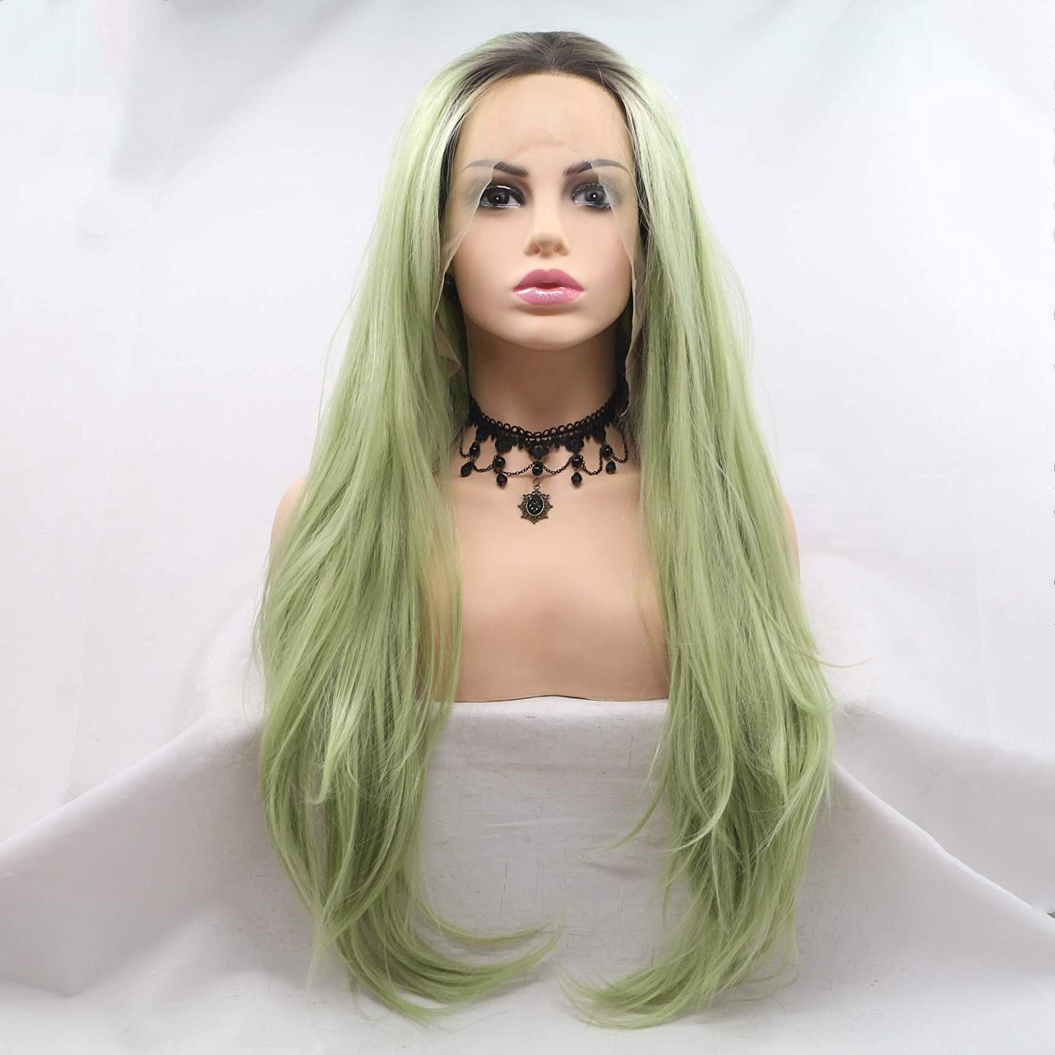 Xiweiya Wigs Long Natural Straight Wig Green Color Synthetic Lace Front Wig Middle Parting Avocado Green Hair Glueless Heat Resistant Fiber for Women Cosplay Makeup 24 Inches image number 3