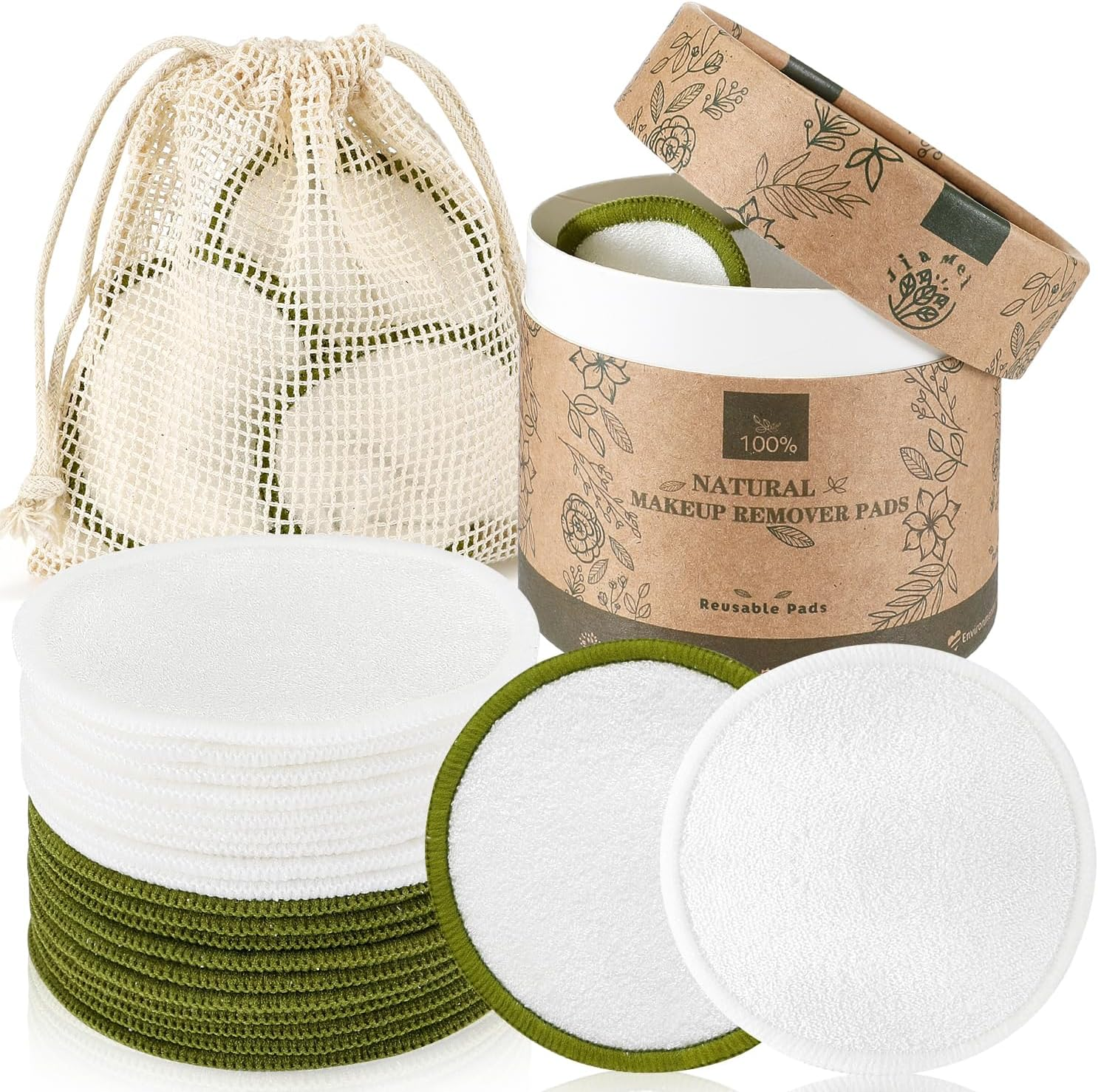 WOTOW Set of 20PCS Reusable Makeup Remover Pads for Face, Washable Bamboo Cotton Rounds Reusable Makeup Cotton Rounds with Mesh Bag and round Storage Box for All Skin Types