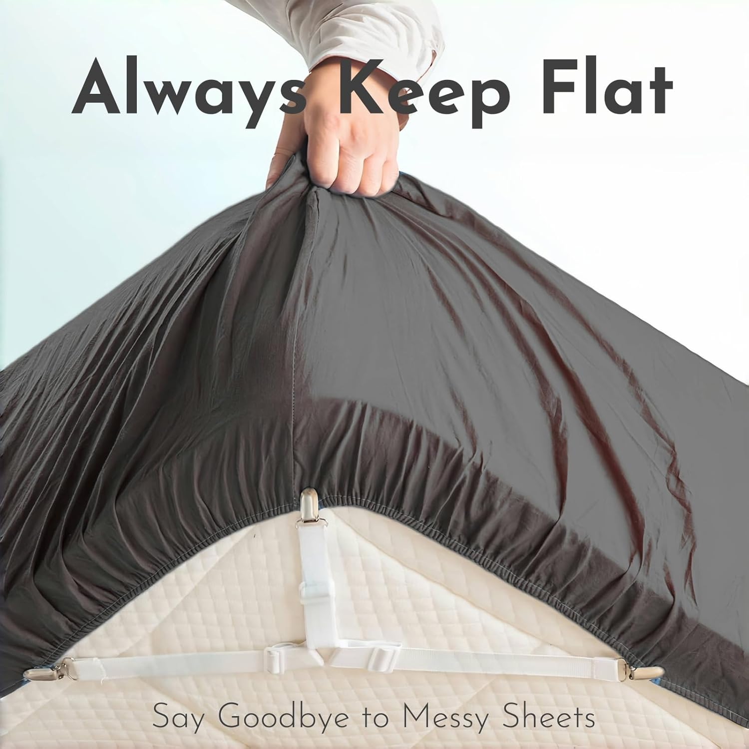 Bed Sheet Straps, Holder & Fasteners Set of 8- Keep Fitted Sheets Firm & Tight with Heavy-Duty Elastic Straps for Twin, Queen, King Size - Ideal Bedroom Accessories (Black & White)