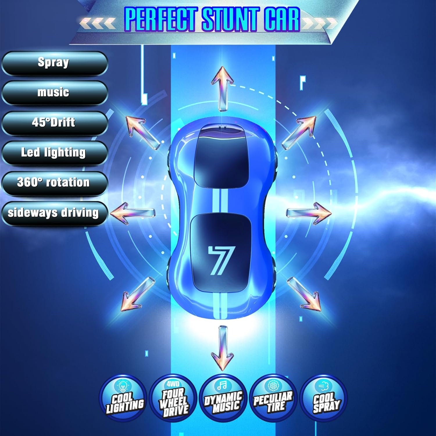 Gesture Sensing Remote Control Car, Drift RC Stunt Car with Light Spray & Sound, 2.4Ghz Hobby RC Cars Toy for Kids, 360&deg; Rotate, Birthday Gifts for Boys Girls 4-12, Blue