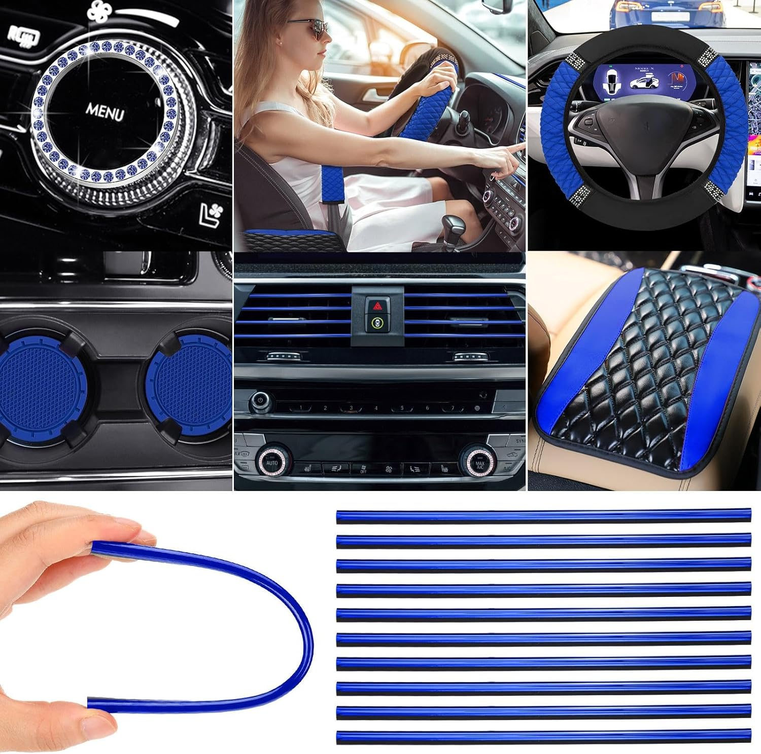 BBTO 43 Pcs Bling Car Accessories Set for Women Front Seats and Rear Bench Polyester Car Seat Protectors Wheel Cover Seat Floor Mats Full Crystal Automotive Interior Decor(Blue, Black) - Lake Blue image number 5