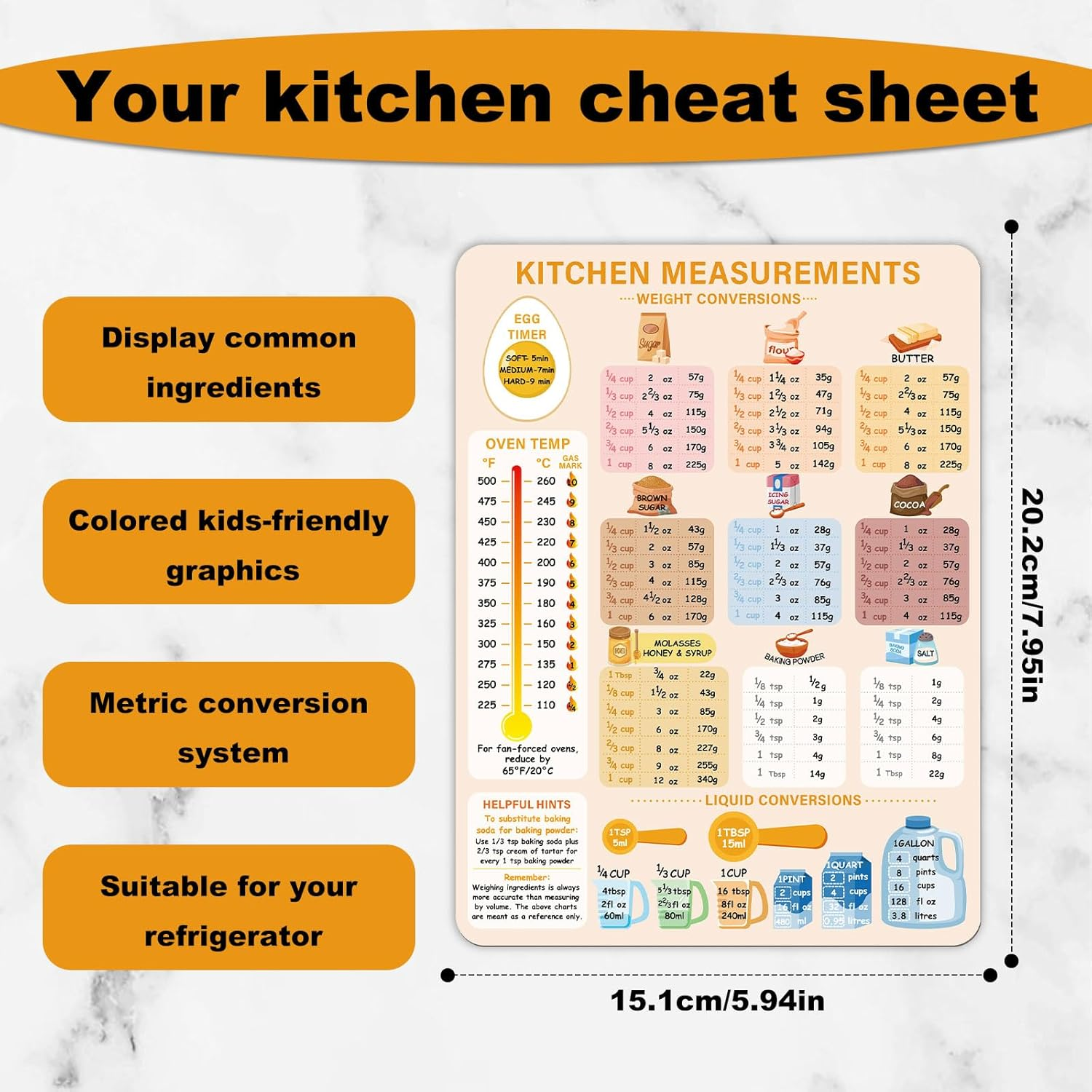 Kitchen Conversion Chart Magnet, 7.95X5.94 Inch Measurements Chart Imperial Metric Conversion Chart for Weight Liquid Temperature Measuring Conversion Sign Cute Kitchen Accessory for Cooking Baking image number 2