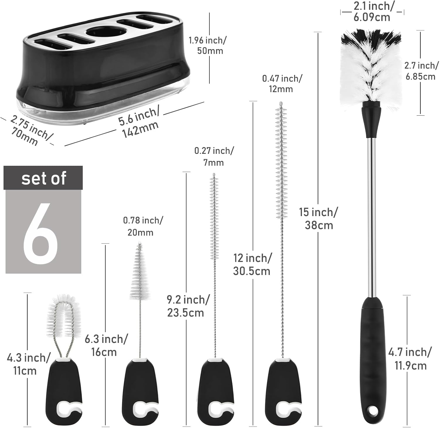 ALINK 5 Pack Water Bottle Brush Cleaning Set with Holder, Bottle Cleaner with Stand, Straw Brush, Nipple Brush, Lid Brush for Stanley 40OZ/30OZ Tumblers, Drinking Glass, Baby Bottles, Jugs - Black - Grey image number 3