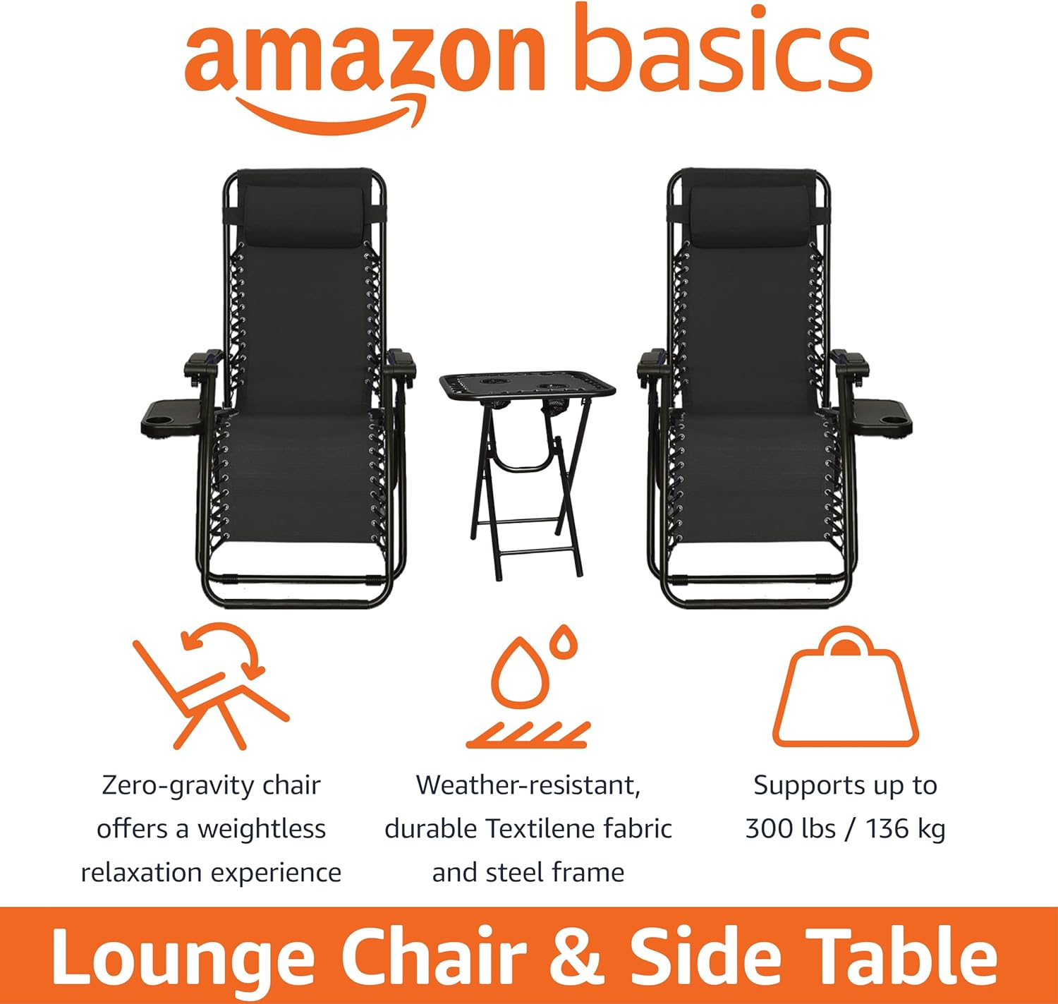 Amazonbasics Zero Gravity Chair with Side Table, Set of 2, Black - Blue image number 5