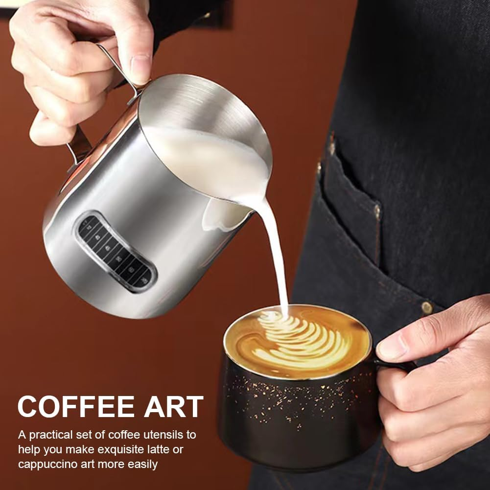 600Ml Milk Frother Jug,Temp Control Milk Jug Temperature Control Jug with Latte Art Pen Portable (Silver) image number 5