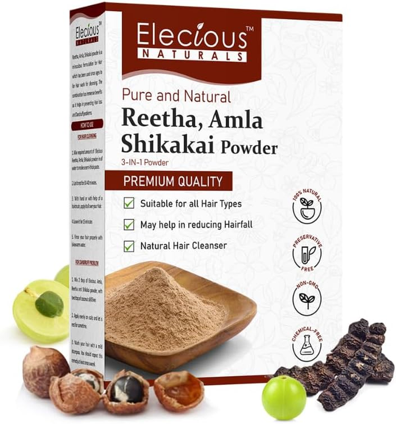 Elecious Naturals Amla, Reetha, Shikakai Powder for Hair | 3-In-1 Natural Hair Cleanser | 100% Natural, No Chemical, No Preservative | SLS, Paraben Free | Ready to Use image number 2