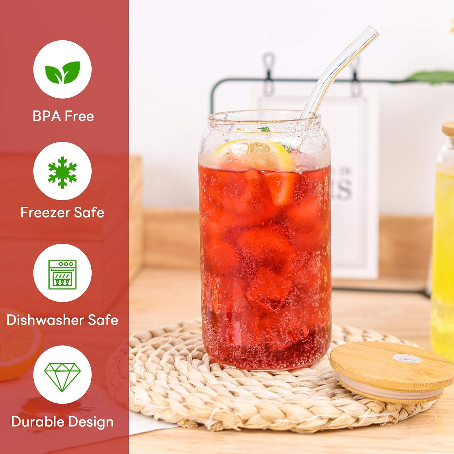 Joyclub Glass Cups with Bamboo Lids and Straws 8 Set 16 Oz Reusable Iced Coffee Cup Beer Can Drinking Jars for Smoothie Whiskey Boba Soda Tea Gift image number 5