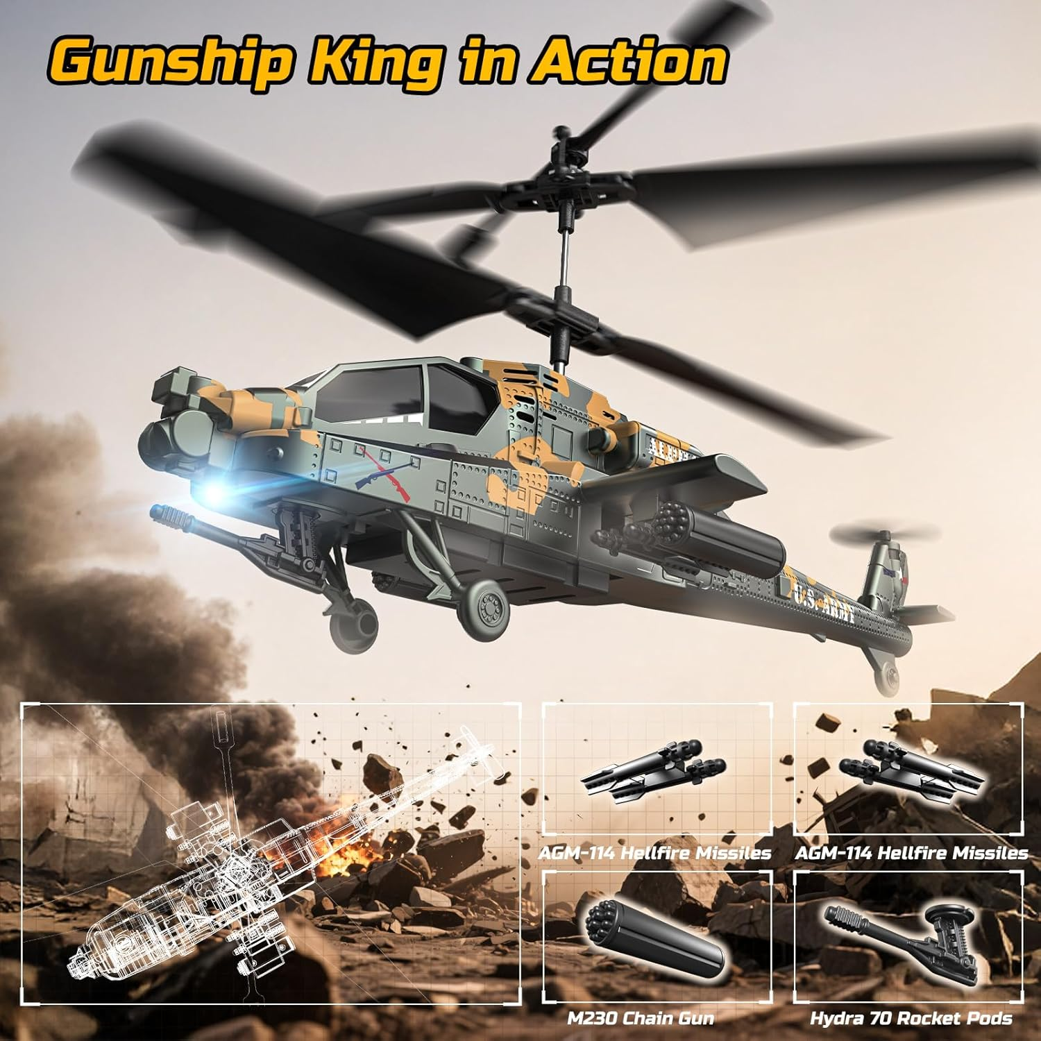 DEERC RC Helicopter for Adults, Apache Remote Control Helicopter for Kids 8-12, Toy Helicopter RC with LED Lights, 2 Batteries, Altitude Hold, 2.4Ghz Military Helicopter for Indoor, Ideal for Birthday image number 4