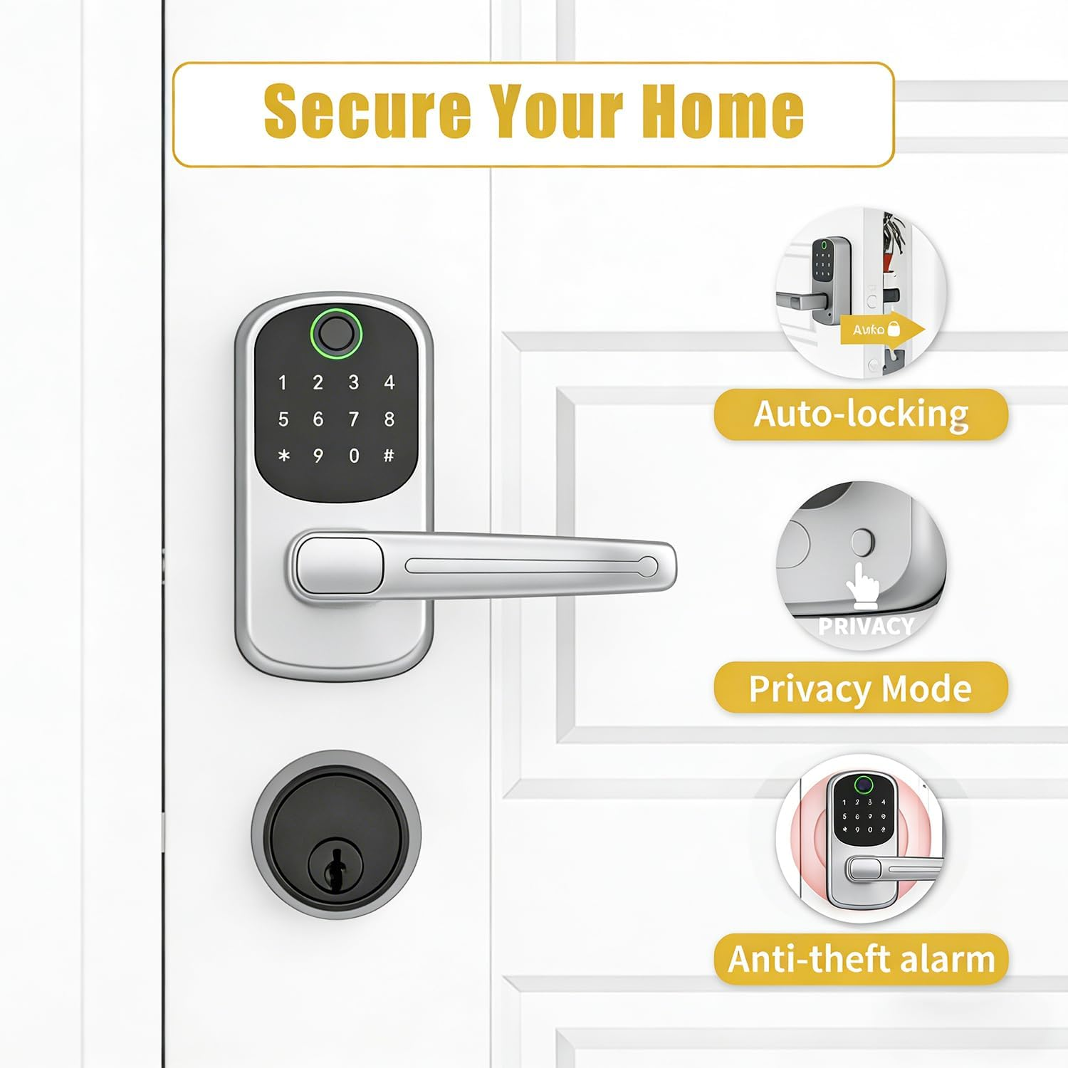 Silver Smart Lock - Electronic Door Lock with 5-In-1 Access - Fingerprint, Code, App, Key & Card Entry for Home, Rental，Office & Hotel Use image number 6