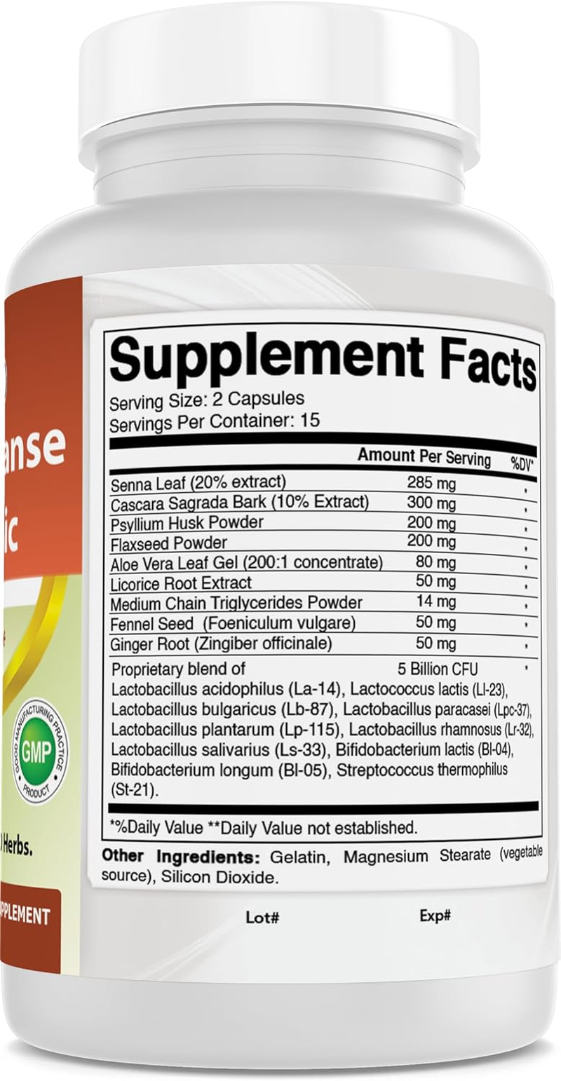 Best Naturals 15 Day Gut & Colon Cleanse + Probiotics for Women & Men with Senna, Cascara Sagrada & Psyllium Husk- 30 Capsules - Non-Gmo & Gluten Free.