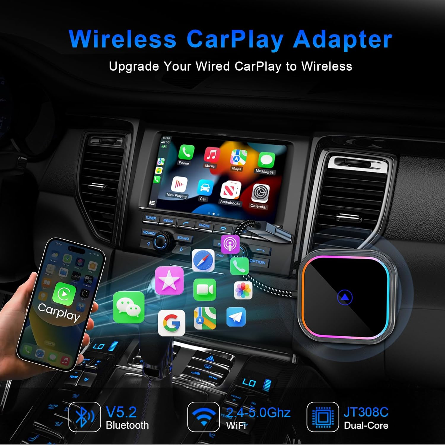 Tesansi Wireless Carplay Adapter for Iphone (2025 Full Upgraded) Audio Reactive Lighting Design for Apple and Android Carplay Dongle, Bluetooth Connection Plug and Play, Mini Size USB Type-A & Type-C image number 4