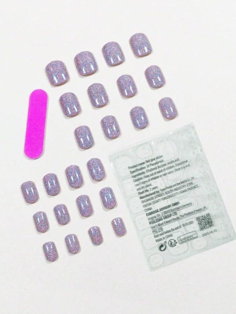 Press-On Nails, Classic Square, 24 Pieces, Reusable Nails with Protective Coating, Trending, Luxury (Dark Glitter - Square round - Holographic Glitter)