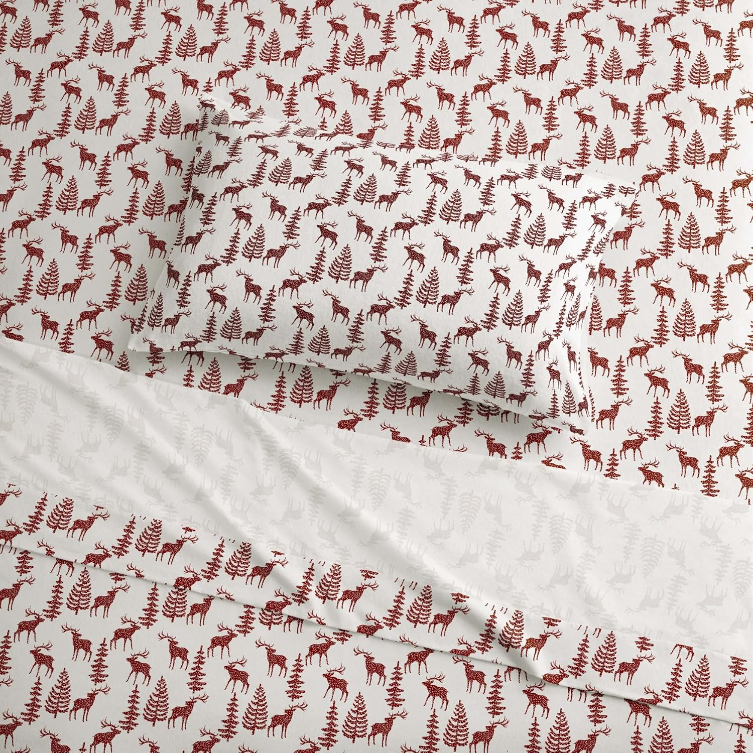 Brielle Home Flannel Sheet Set Cotton Soft Warm & Cozy Modern Chic with Elastic Deep Pockets, Queen, Deers Red