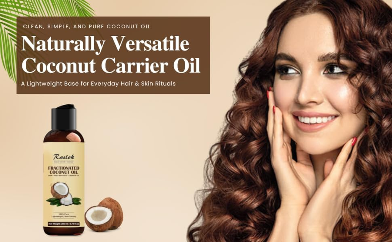 Raslok Fractionated Coconut Oil &ndash; 100% Pure & Lightweight | Non-Greasy Carrier Oil for Hair, Skin, Body & Massage | Hexane-Free | 200Ml / 6.76 Fl Oz
