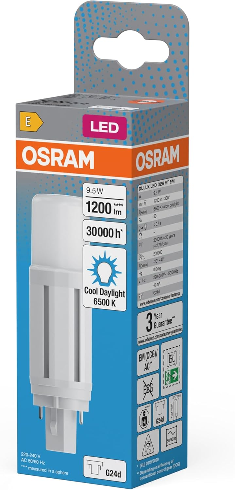 OSRAM DULUX LED Tube D26 VT, G24D, 9.5W, Cool White, 1200Lm, Vertical Mount, Compact Fluorescent Replacement, for KVG Lights, IP20, Plastic, 37.7 Mm image number 2