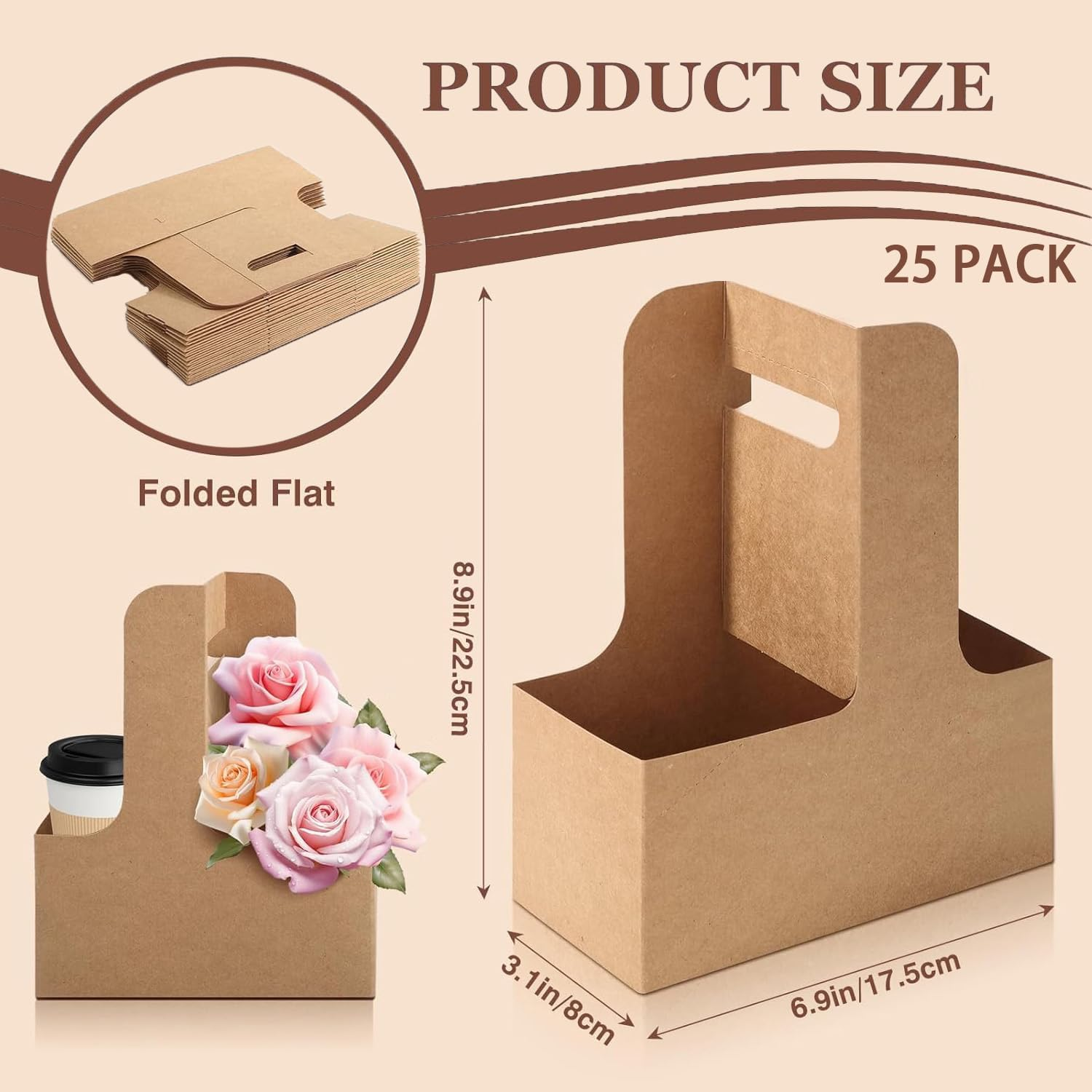 25PCS Cup Holder Set,2 Paper Cup Carrier with Handle,Cup Tray Packing Box,Paperboard,For Takeaway Hot and Cold Drinks (Brown) image number 2
