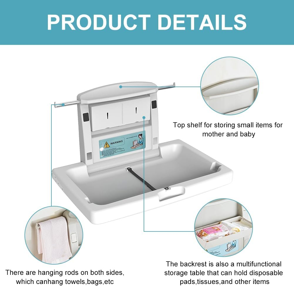 Baby Changing Station Wall Mounted Fold down Commercial Baby Care Table with Adjustable Safety Strap and Storage Box HDPE Meterial Bathroom Public Places image number 5