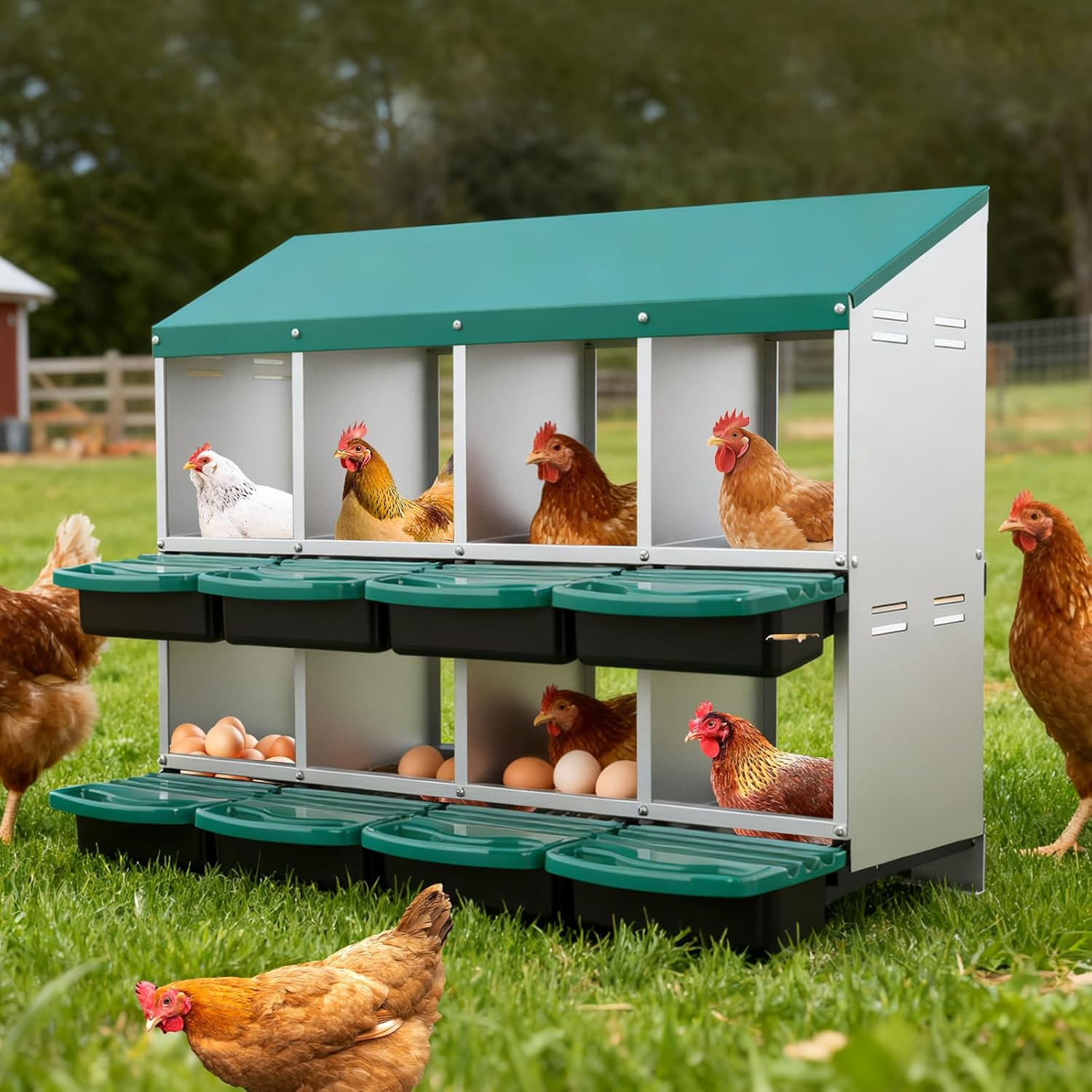 Chicken Nesting Box with 8 Compartments, 106 X 52 X 79 Cm, Green, Removable Trays image number 6