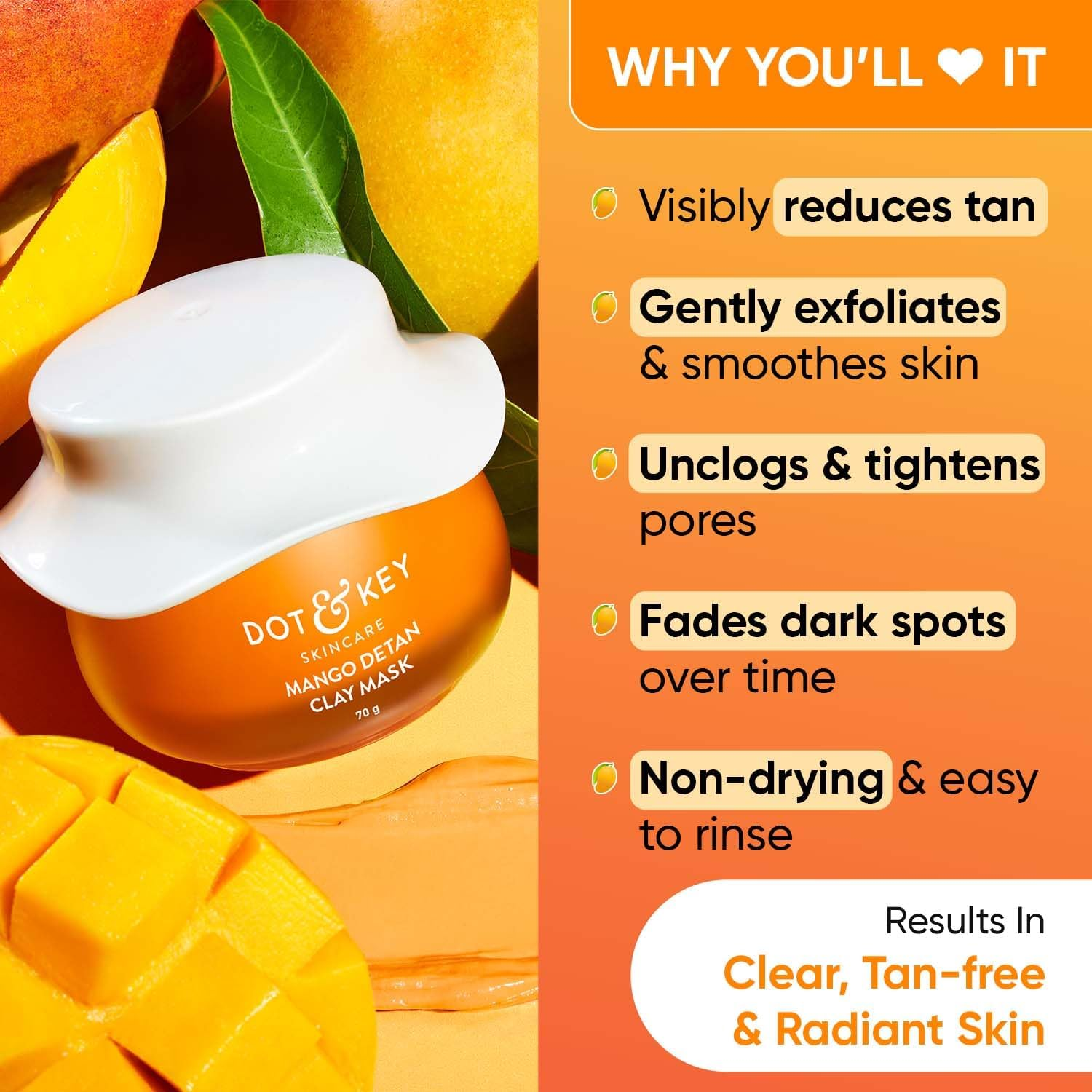 Dot & Key Mango Detan Tan Removal Clay Mask | Clay Mask for Face with Glycolic & Lactic | Great for All Skin Types | Fresh Juicy Mango Fragrance | 70Gm image number 4