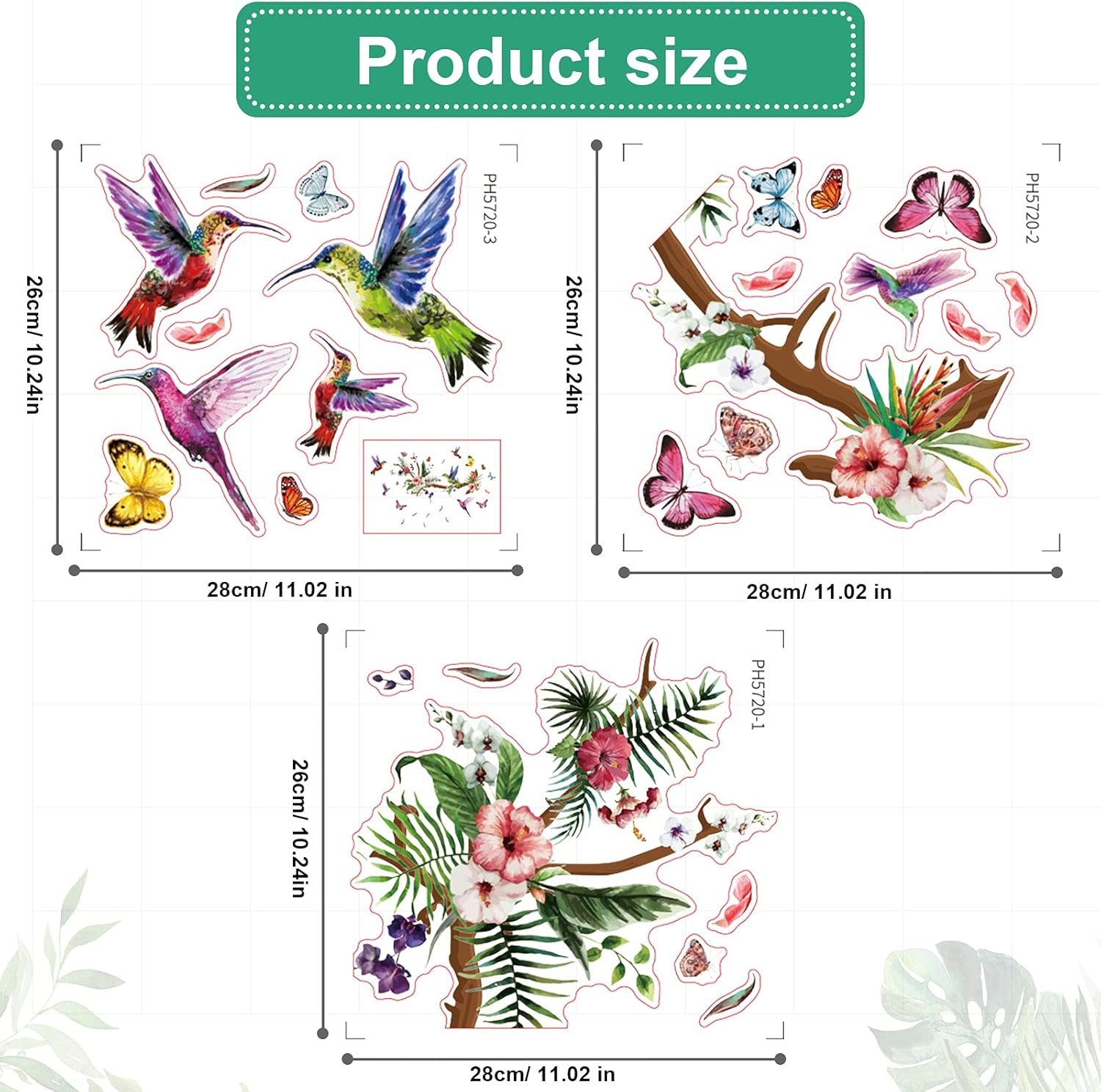 Zonon Hummingbirds Wall Decals Peel and Stick Birds Vinyl Wall Stickers Butterfly Flowers Colorful Hummingbird on the Tree Branch Flower Decals Garden Living Room Bedroom TV Decorations