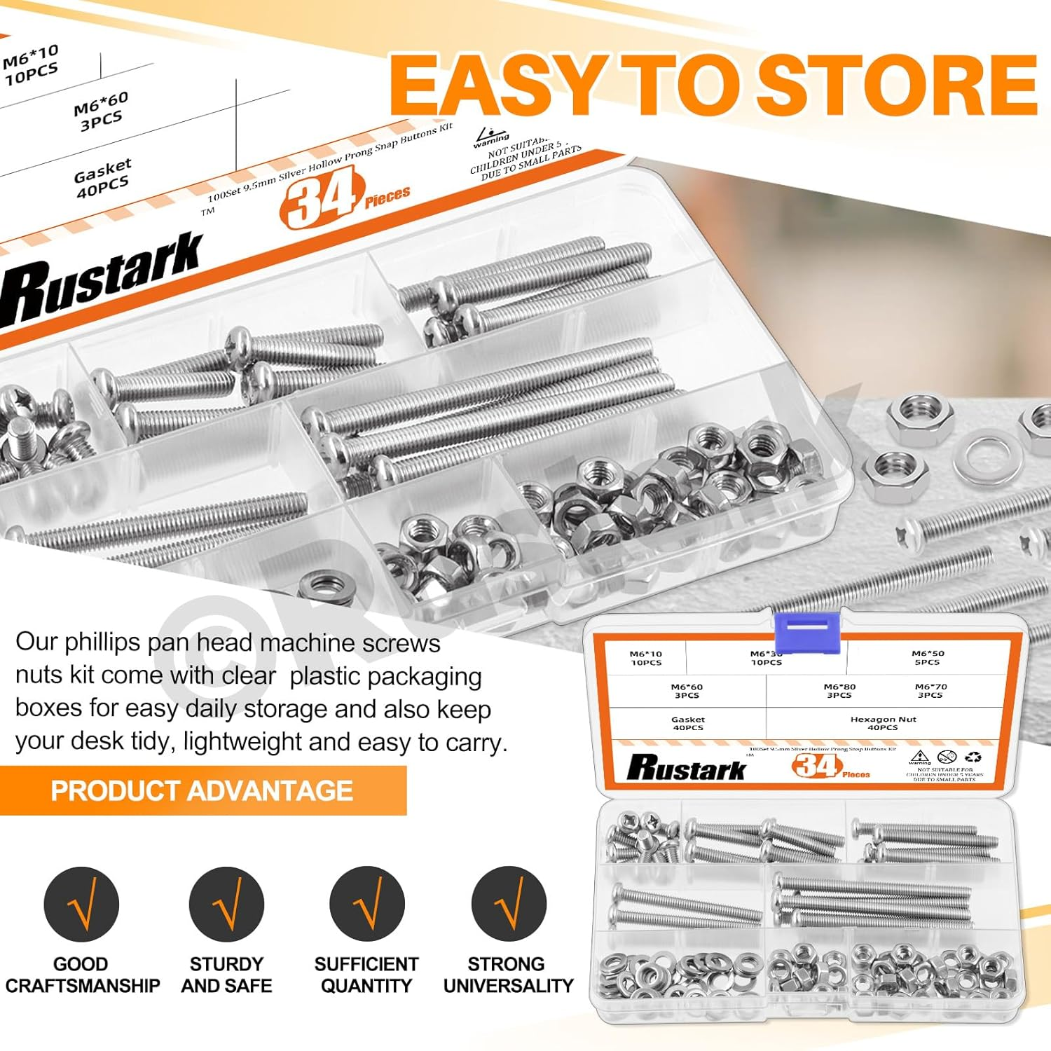 Rustark 114Pcs 6 Sizes M6 304 Stainless Steel Pan Head Phillips Machine Screws Assortment Kit Metric Screws Bolts Washers Nuts Kit Receptacles Mounting Screws for Cabinet Drawer Knob Pull Handle image number 5