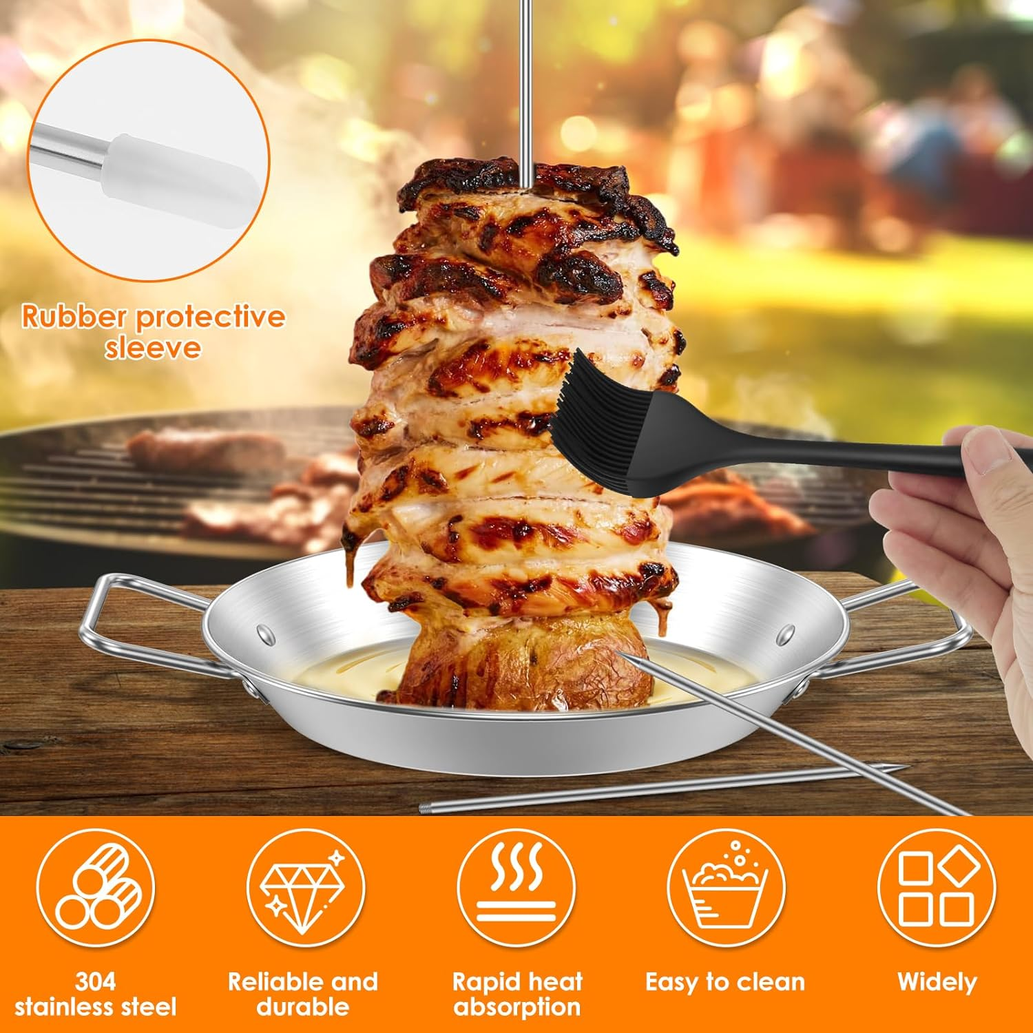 Vertical Skewer for Grill Stainless Steel BBQ Vertical Skewer Grill Reusable Gyro Pan with 8/10/12Inch Roasting Sticks and Brush Vertical Meat Skewer Stand with Handle for Picnic Kebabs image number 2