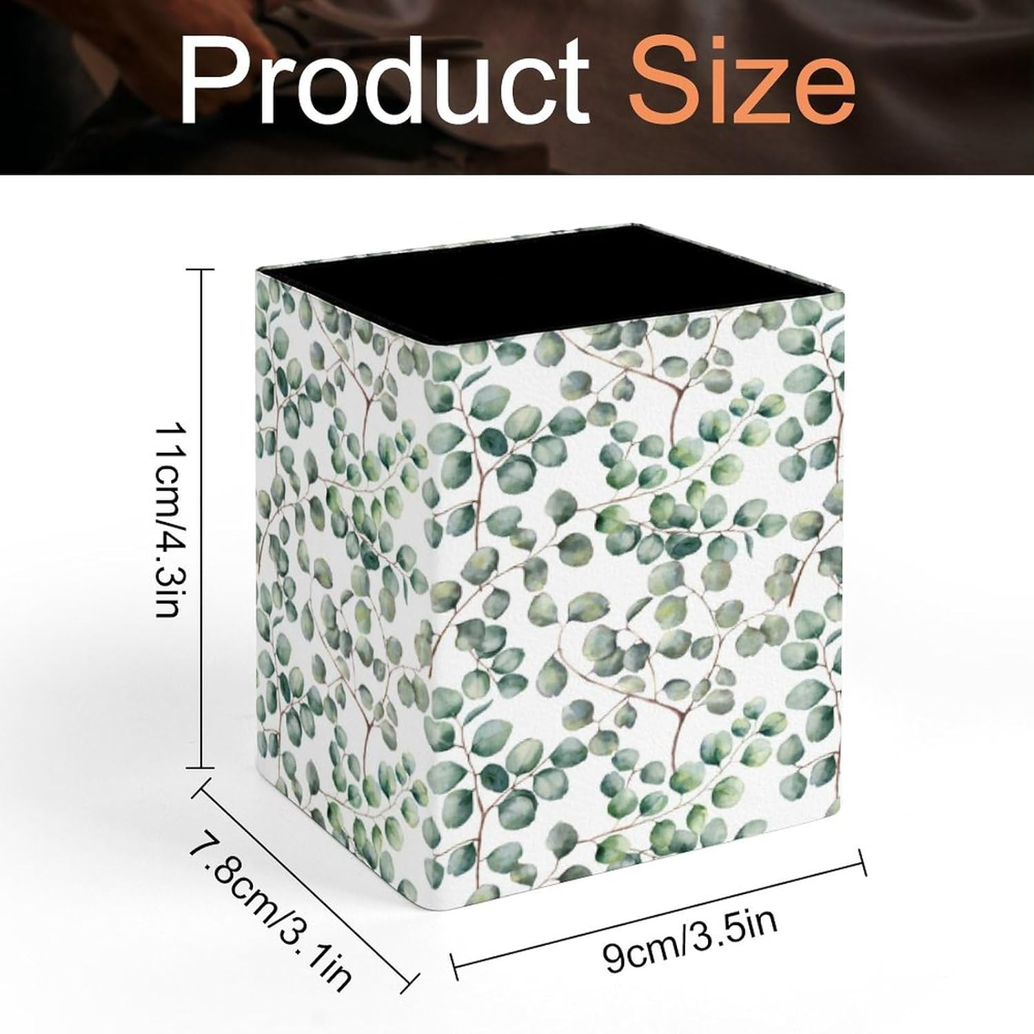 Quteprint Square Pencil Holder, Eucalyptus Green Leaves Plant Pen Holder for Desk, PU Office Pen Organizer Desk Accessories Pencil Cup Desktop Stationery Storage Makeup Brush Holder for Home Bathroom image number 4