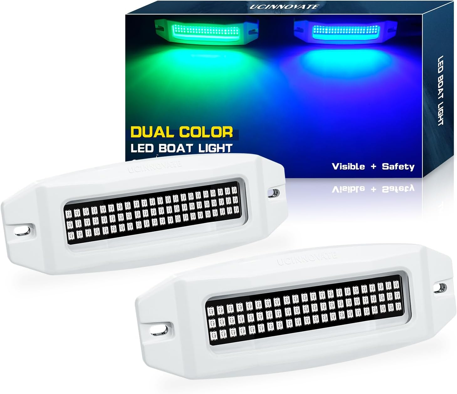 UCINNOVATE 2X 6.9 Marine LED Boat Lights, Dual Color Waterproof Transom & Underwater Lights for Yachts, Boats, Sailboats, Pontoons, Stern & Deck (Blue/Green, 12-36V, IP68) image number 4