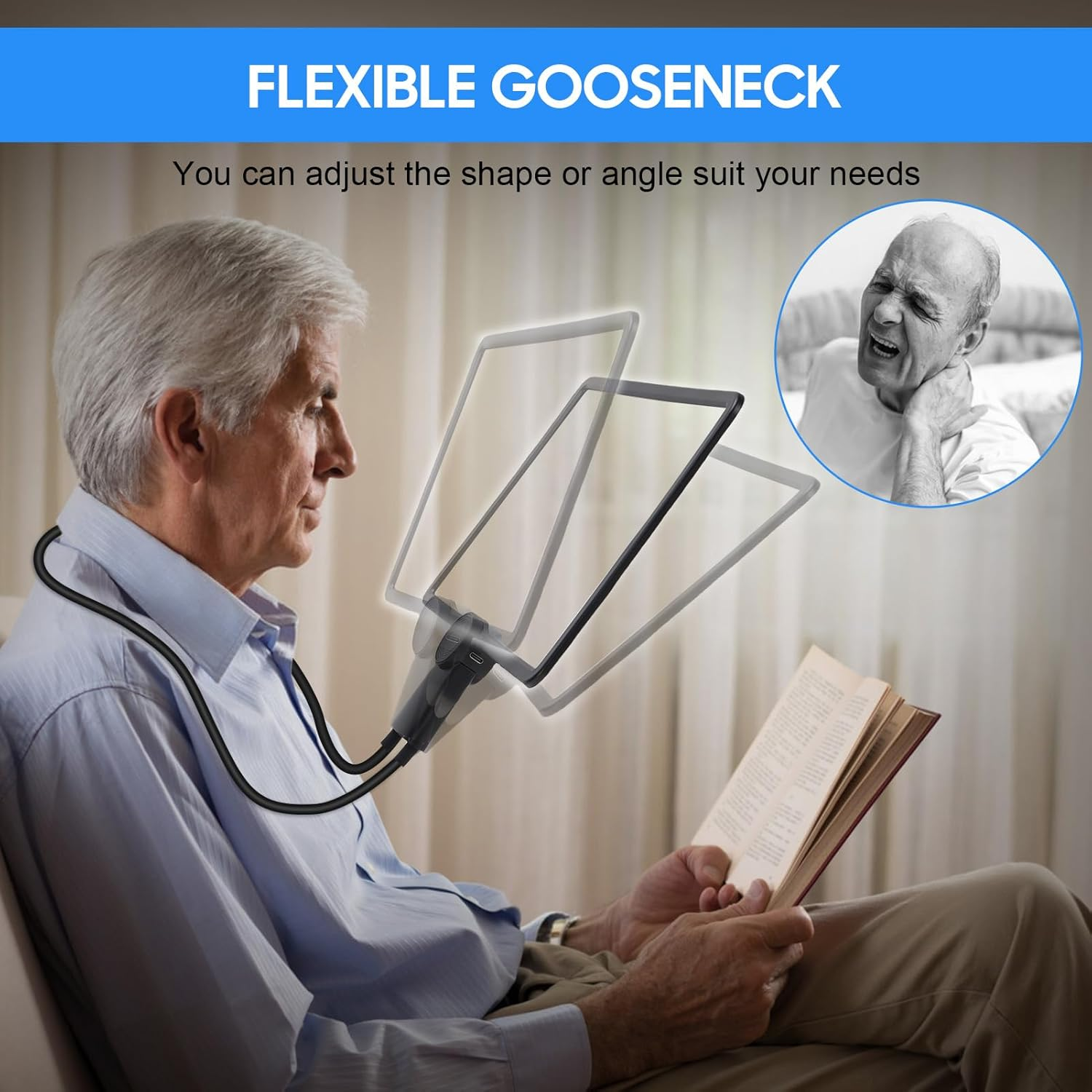 Flexible Gooseneck Page Magnifier, 5X Hands-Free Neckwear Magnifying Glasses with 3 Color Light Modes for Repair Reading DIY Low Vision Seniors Elderly