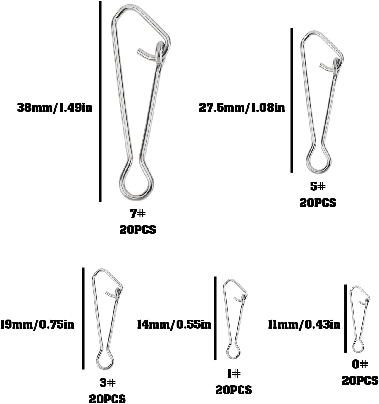 LT Easiyl 100Pcs Stainless Steel Fishing Snap Clips High Strength Quick Change Line Connectors for Saltwater and Freshwater, 5 Sizes 0# 1# 3# 5# 7# image number 1