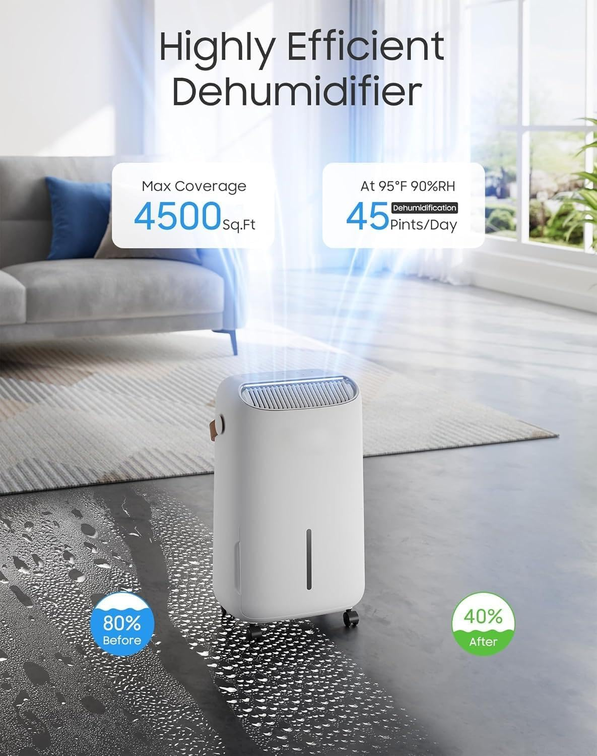 400M&sup2; (4500 Sq Ft) 21L/Day Dehumidifier for Basement,Home,Bathroom,Bedroom with Drain Hose,Most Efficient Energy Star 2025,Intelligent Humidity Control,3 Modes,24H Timer image number 2