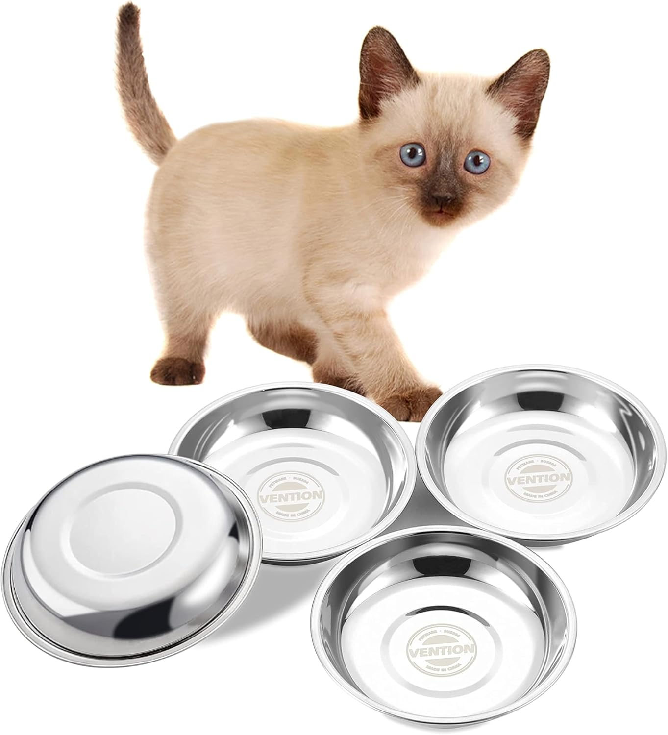 VENTION Stainless Steel Whisker Relief Cat Food Bowl, Shallow Metal Cat Bowls Set, 7 Oz Replacement Pet Cat Feeding Dishes for Raised/Elevated Stands, Work for Dog Plate, Dishwasher Safe, Set of 4 image number 1
