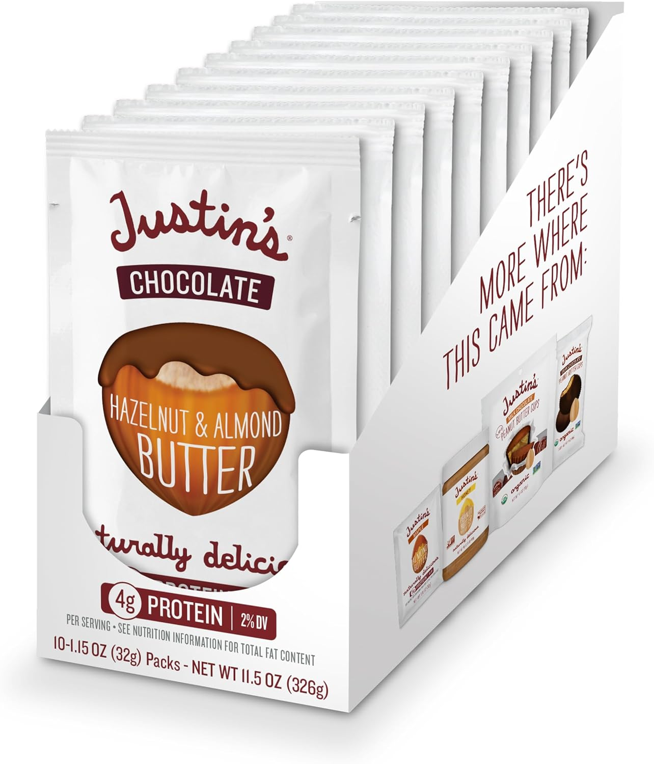 Justin'S Chocolate Hazelnut & Almond Butter Squeeze Pack, Organic Cocoa, Gluten-Free, Responsibly Sourced, Packaging May Vary, (1.15Oz Each) (Pack of 10)