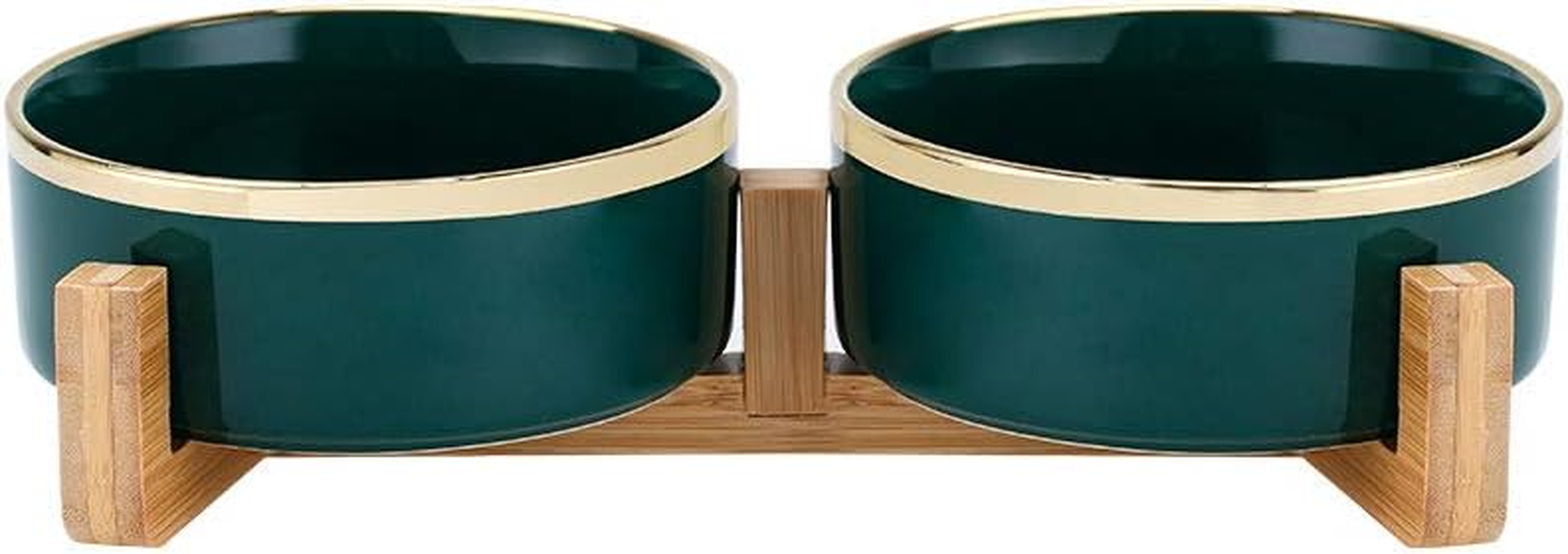 Green Gold Ceramic Cat Dog Bowl Dish with Wood Stand No Spill Pet Food Water Feeder Cats Medium Dogs Set of 2 image number 2