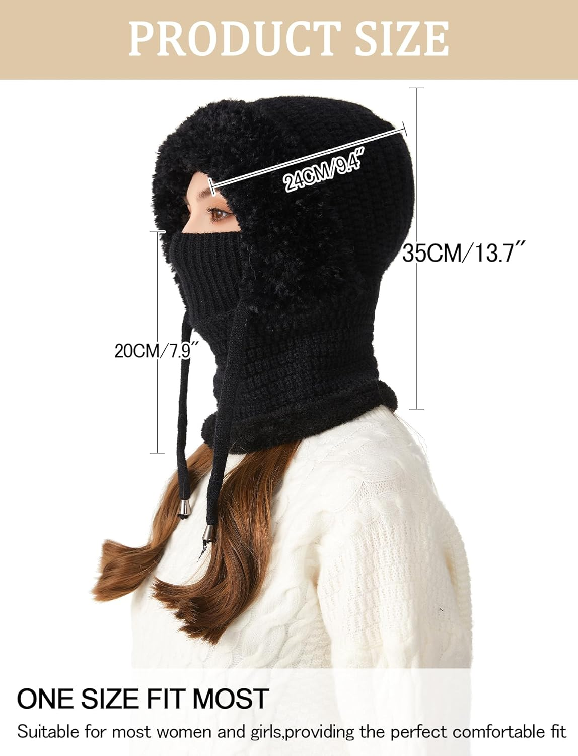 KEOYA Women'S Knit One-Piece Hat with Scarf Elastic Face Mask Fleece Balaclava with Drawstring Winter Warm Ski Beanie Cap