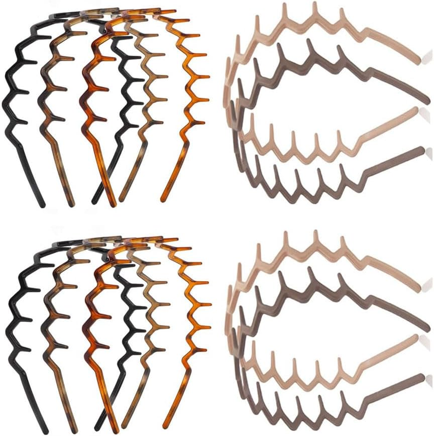 Leanockesa Set of 10 Plastic Zig Zag Headbands for Women and Men Wavy Toothed Hair Band, 90S Retro Tooth Comb Hairband Hoop Accessories, Unisex Fashion Hair Hoops image number 1