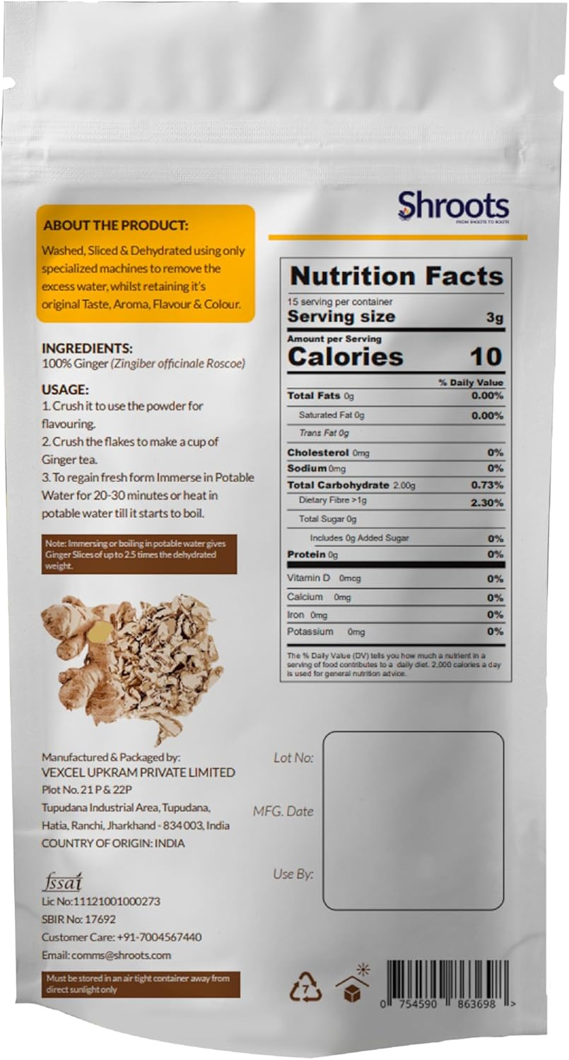 SHROOTS Dehydrated Ginger Flakes Dried Ginger Slices (Zingiber Officinale Roscoe) Traditional Indian Sonth/Sooth Supports Immunity & Metabolism Herbal Use for Tea, Spices & Soups - 1.59 Oz (Pack of 1) image number 6