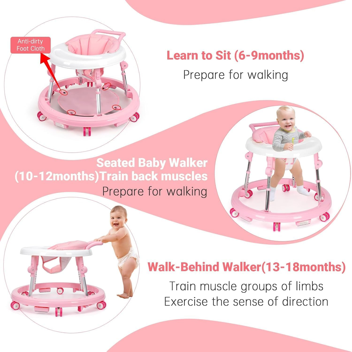 Baby Walker with Wheels Foldable, Portable Baby Walker with 9 Adjustable Heights, Infant Toddler Walker for Baby Boy Girls 6-18 Months (Pink) - Black image number 3