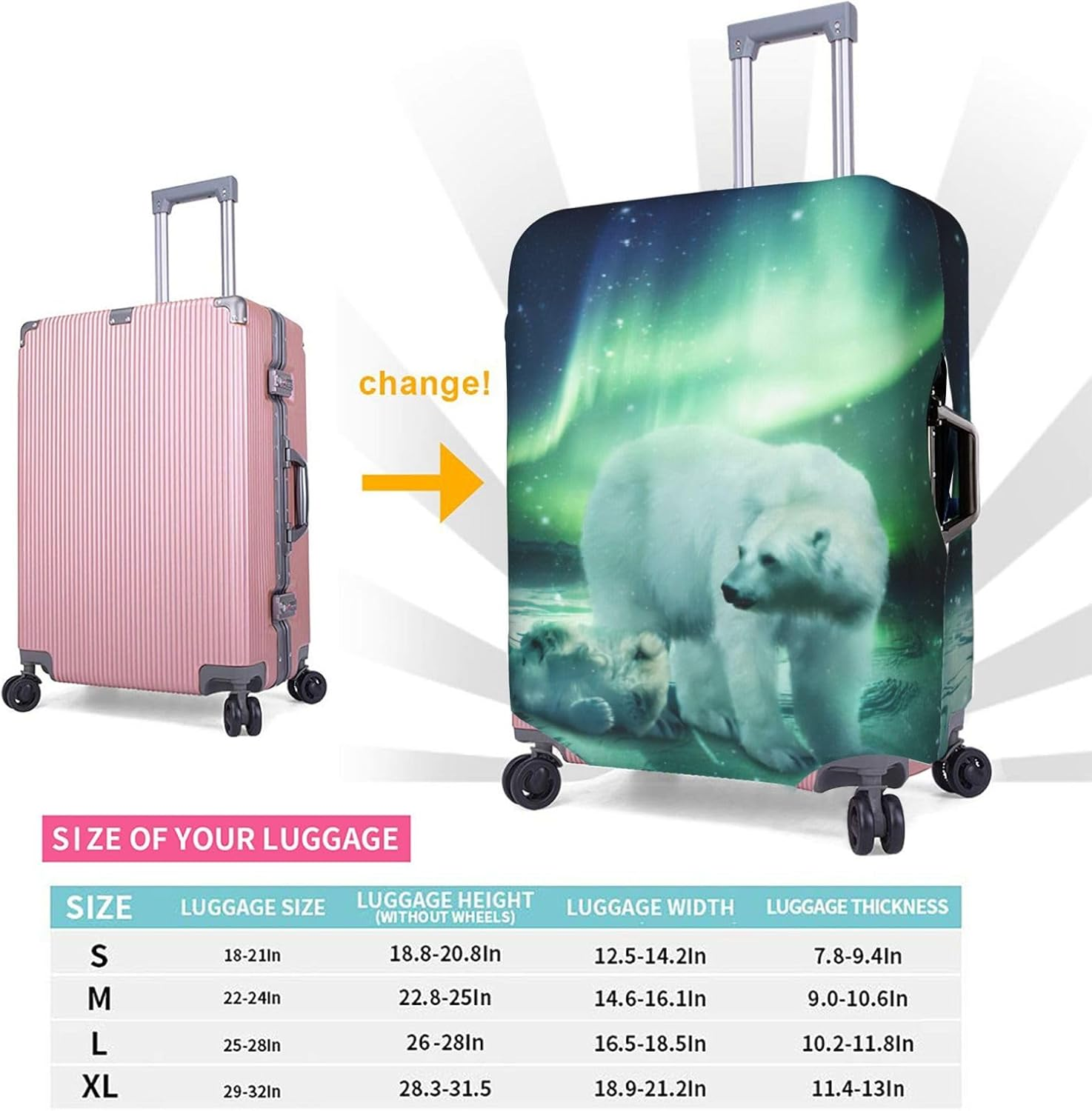 Odddot Northern Lights Polar Bear Print Travel Luggage Cover,Suitcase Protector Cover, Washable Baggage Covers,For 18-32 Inch Luggage, Northern Lights Polar Bear, Small image number 5