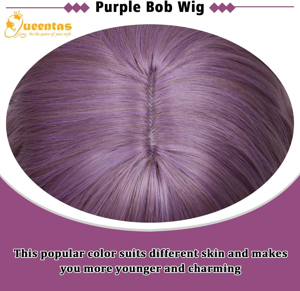 QUEENTAS Purple Wavy Bob Wigs for Women Shoulder Length with Bangs Short Curly Wig for Daily Use Cosplay Synthetic Hair Wig - Blonde image number 3