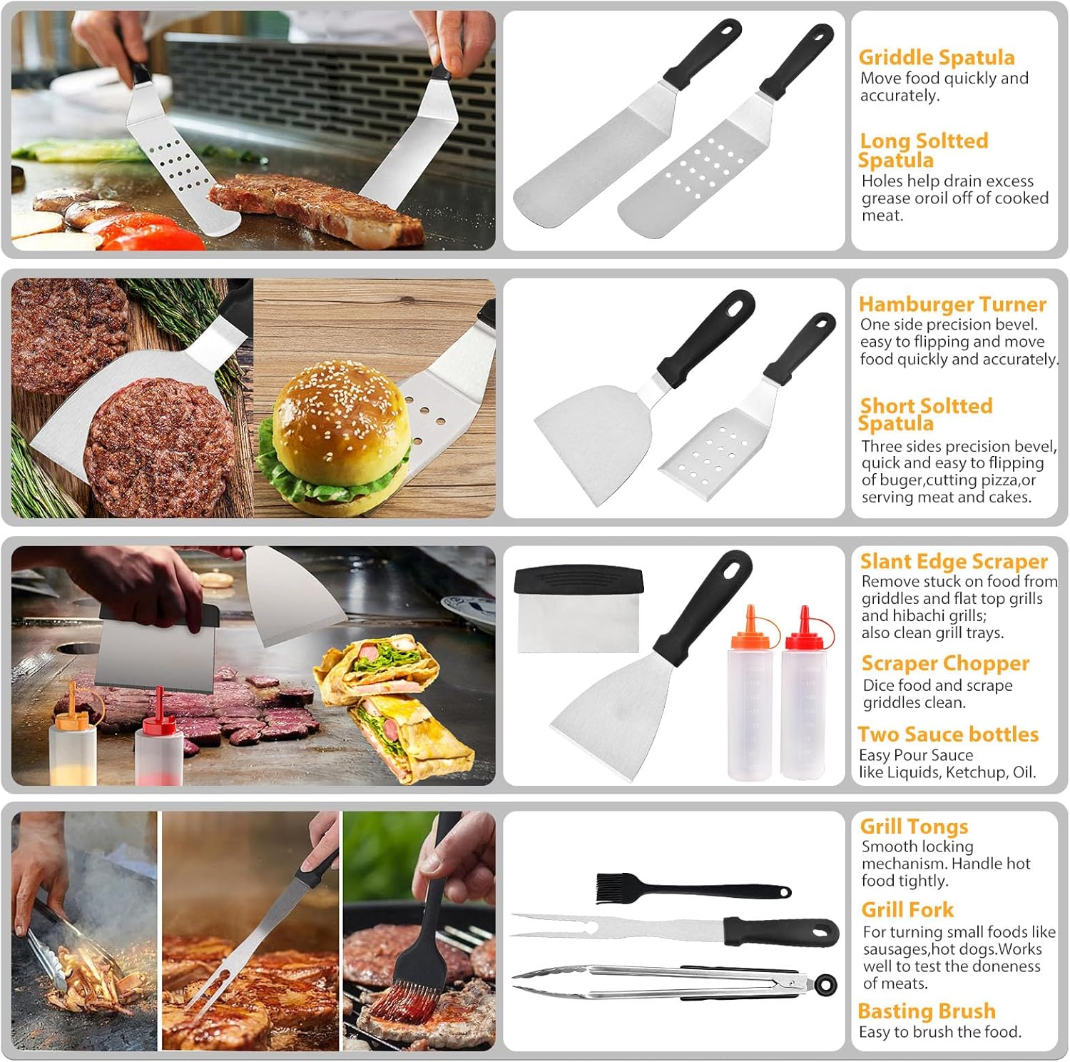 31Pcs Griddle Accessories Kit Grilling Tools for Blackstone and Camp Chef, Metal Spatula Set, Burger Press, Forks, Scraper, Tongs, Basting Cover, Carry Bag for Outdoor BBQ Men Gift (Style 1) image number 5